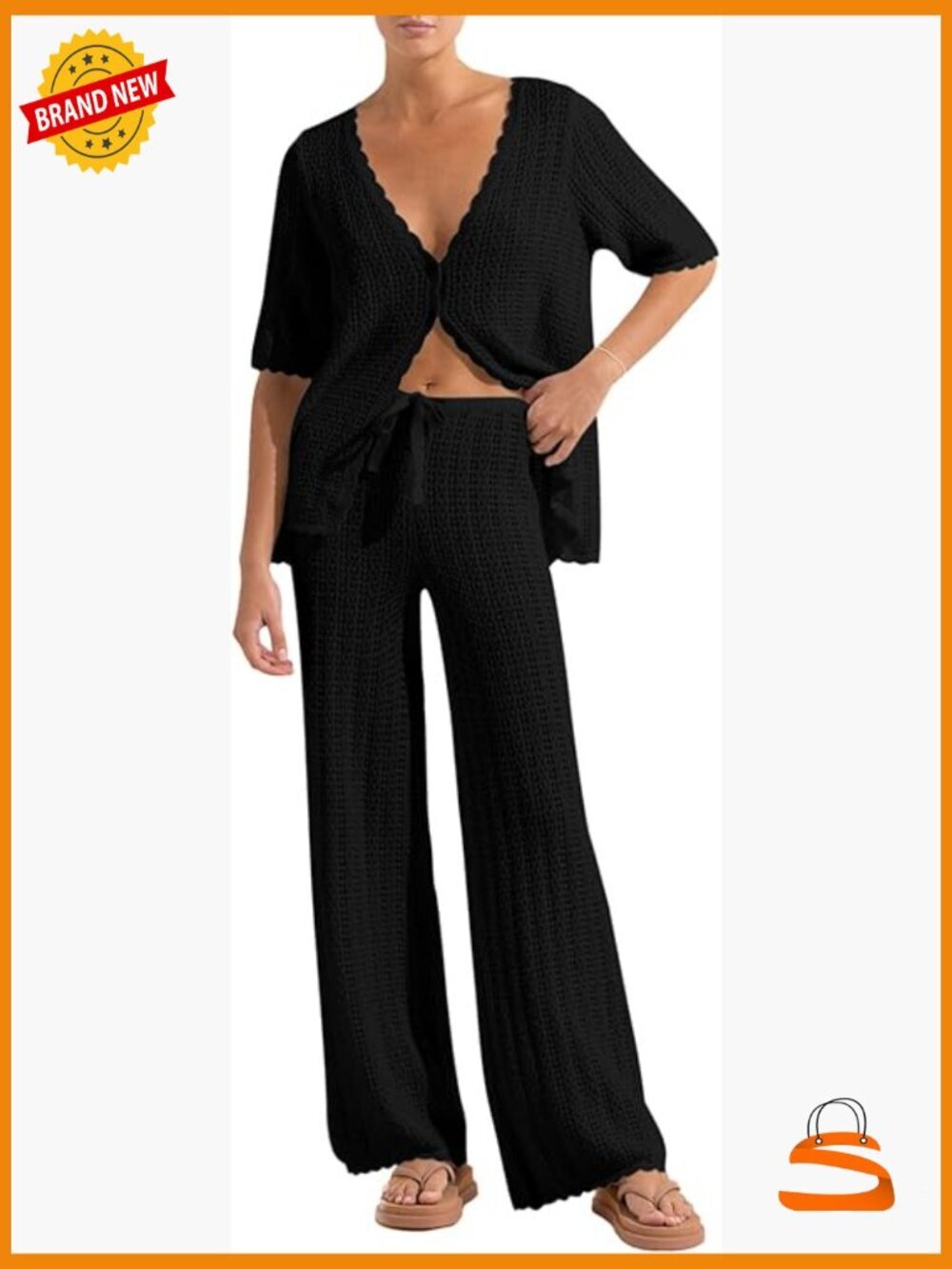 2-Piece Crochet Knit Swimsuit Cover Up Set Cardigan & Wide Leg Pants